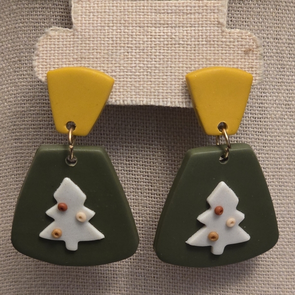 Festive Green and Yellow Tree Earrings - Picture 1 of 4